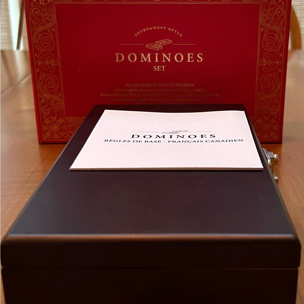 Restoration Hardware NIB Dominoes Set beautifully stored in a Mahogany Box